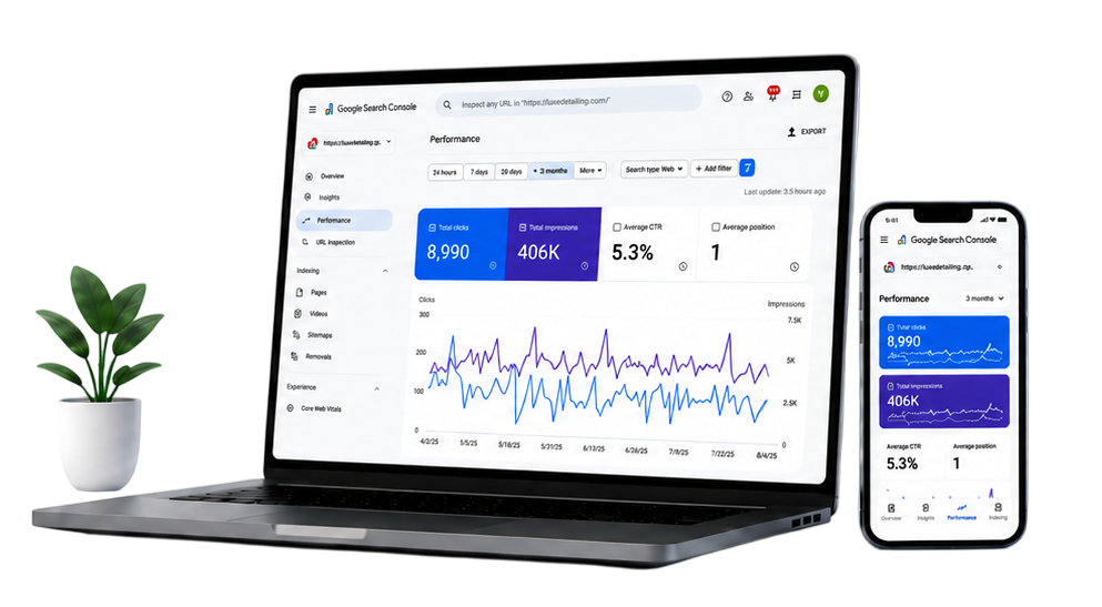 SEO Results Dashboard - Google Search Console showing 8,990 clicks, 406K impressions, 5.3% CTR, average position 1